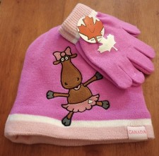 Canada 2-PC Stone Age Kids Beanie Knitted Moose Pink Hat Gloves Set Girls NWT