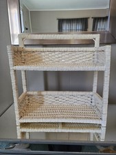 Vintage White Wicker/Rattan Hanging/Standing Wall Shelf 2-Tier