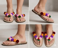 Women Slippers Indian Handmade Leather Flip-Flops Cream Flat Foot ware US 5-8.5
