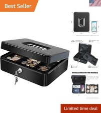 Large Cash Box with Removable Money Tray, Key Lock Metal Storage Box with 2 K...
