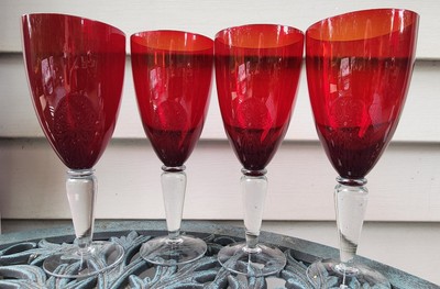 4 Tall Red Glass Water/Wine Goblets.