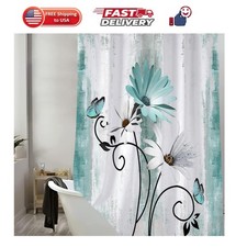 Rustic Farmhouse Shower Curtain, Farm Teal Daisy Floral Flowers and Butterfly...