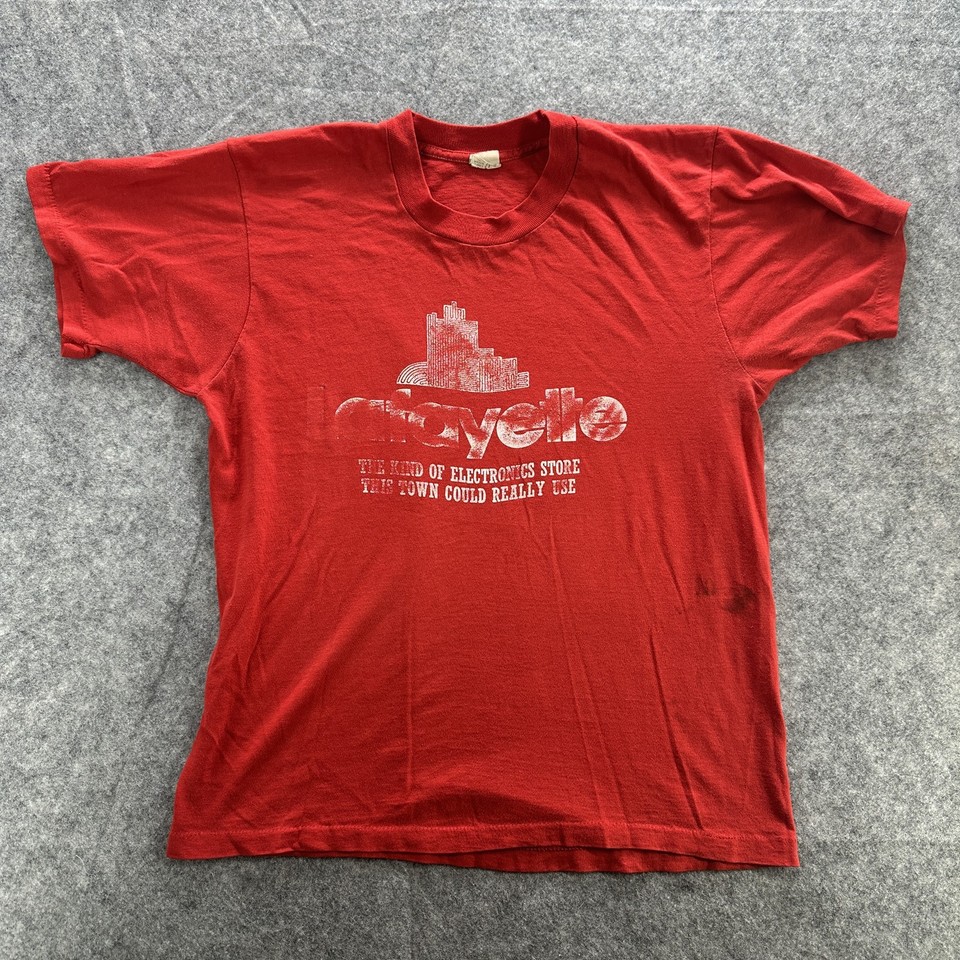 An actual vintage Lafayette Electronics shirt — a beloved defunct electronics hobby chain — printed on a Super Screen Stars USA blank; this is genuine 80s Americana you can't manufacture.