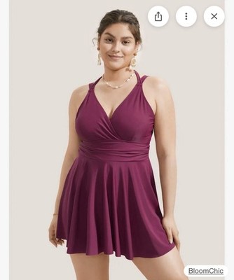 NWT Bloomchic Burgundy Tie Wrap Flutter Ruffle Swim Dress Size 22/24 3X BC270