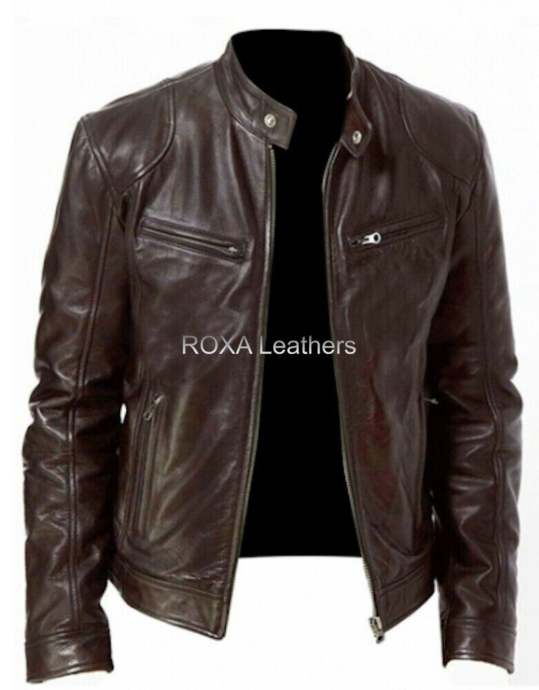 Classic Men Genuine Cow Hide 100% Real Leather Jacket Dark Brown Motorcycle  Coat
