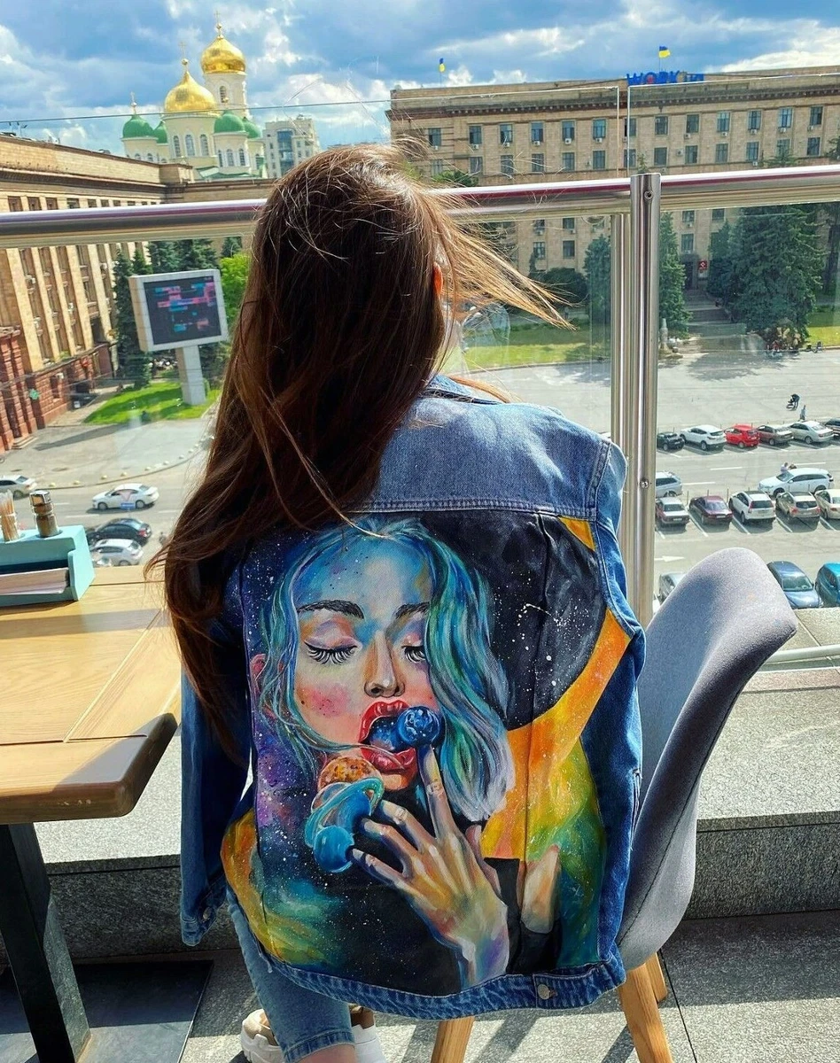 Women hand painted denim jacket Space girl Designer Jean jacket