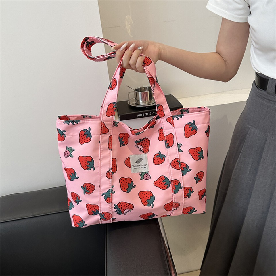 Cute Cherry Strawberry Print Casual Tote Bags Nylon Satchel Purse