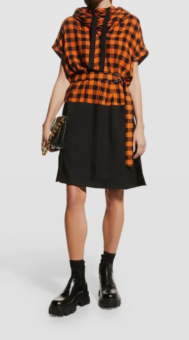 $545 Kenzo Women's Orange Belted High-Neck Gingham Dress Size 38