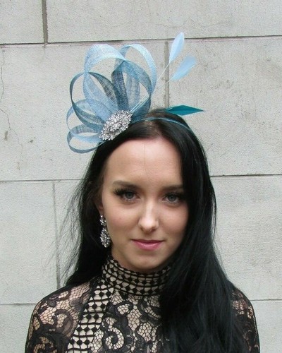 Teal Light Blue Silver Fascinator 