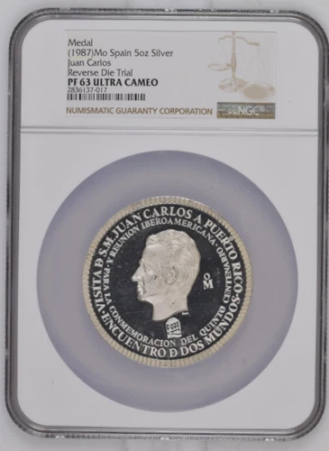 1987 Mo Spain Silver 5oz Medal Juan Carlos Reverse Die Trial NGC PF63UC Rare