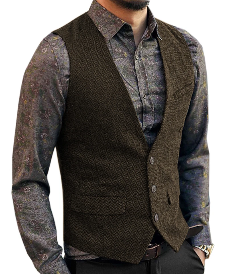 Gilet uomo tweed lana spina di pesce casual western gilet 42 44 46 48 - Immagine 4 di 4