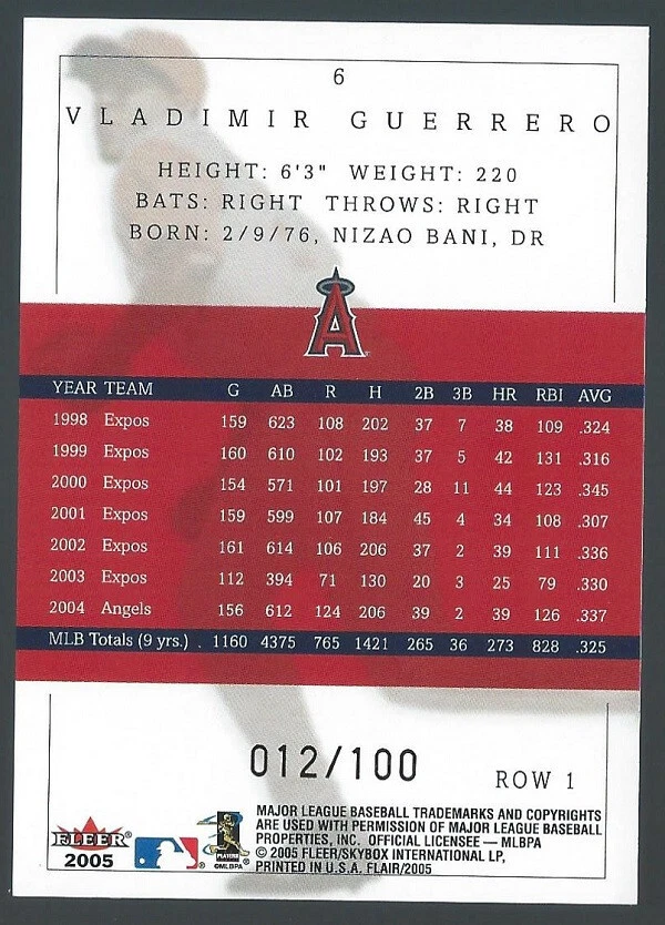 2005 Flair Row 1 #6 Vladimir Guerrero Baseball Card - SN #D 012/100 - LA Angels - Image 2 of 2
