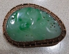 Antique Chinese Carved Green Jadeite Jade Enameled Silver Filigree Brooch Pin