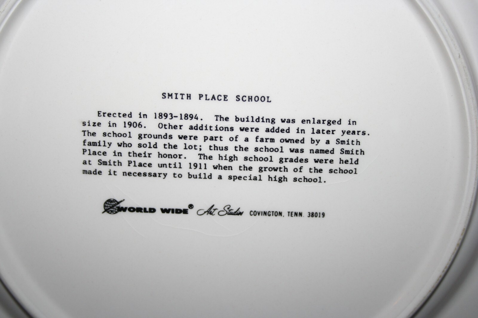 Commemorative Plate of Smith Place School Wilmington, Ohio Erected In