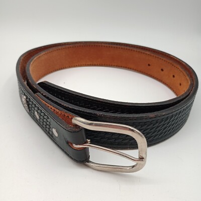 Circle Y of Yoakum Belt Basketweave Black Leather Size 50 Silver Hardware USA