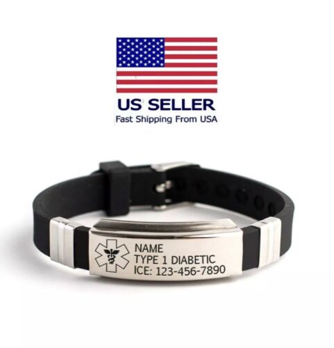 Personalized Emergency Medical Alert Id Bracelet Engraved Steel adjustable bangl - Picture 1 of 50