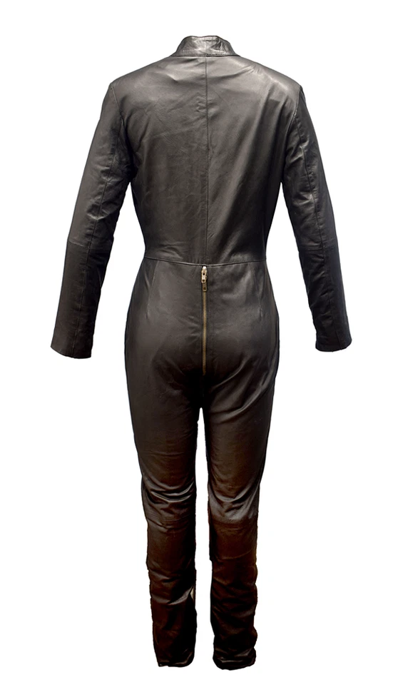 Genuine Sheepskin Leather Catsuit - Women's Soft Black Overall Bodysuit Jumpsuit - Image 2 of 4