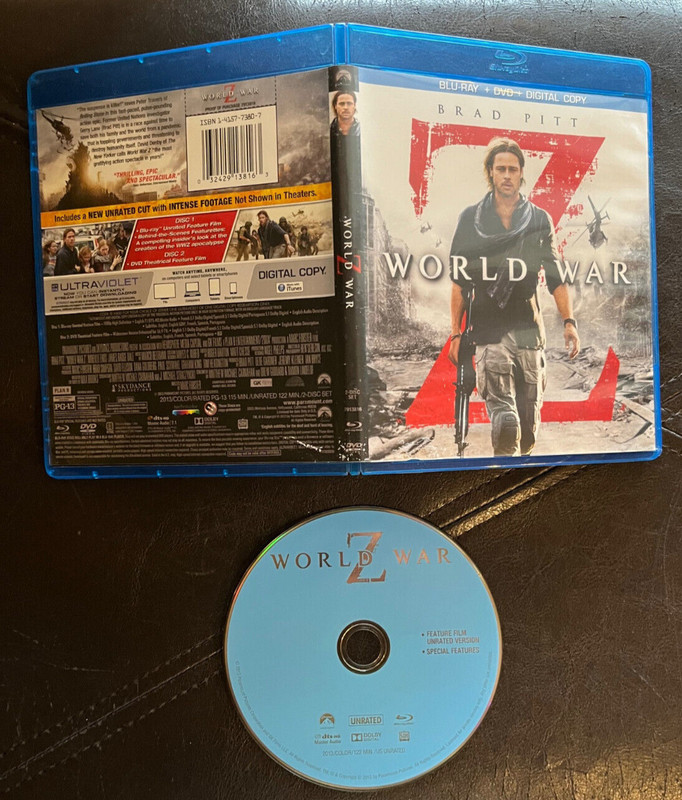 Brad Pitt WORLD WAR Z on Blu-ray, Theatrical & Unrated Extended (NO DVD or dig.)