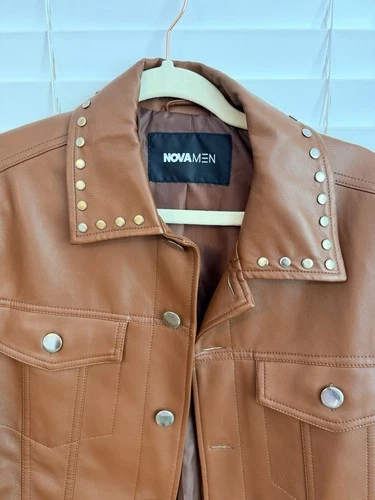 NEW BOOHOOMAN FAUX BROWN LEATHER Studded Collar Trucker Jacket SMALL image 5
