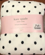NWT Kate Spade White w/ Black Polka Dot Fleece Throw Blanket  FULL QUEEN 90 x 90