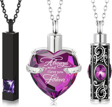 3 Pieces Cremation Urn Necklace for Ashes Vertical Bar Zircon, Heart Crystal Nec