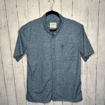 GILLZ Shirt Mens Medium Blue Topo Map Print Short Sleeve Button Up Fishing