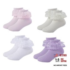 4 Pairs Girls Lace Ruffle Socks Toddler Cotton Cute Fancy Ruffled Frilly