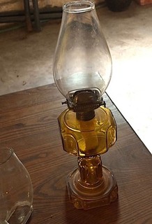 Antique amber oil lamp with rectangular burner