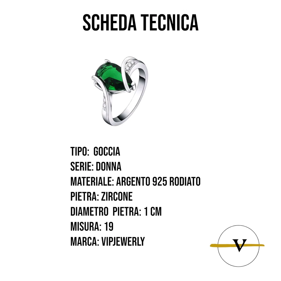 ANELLO DONNA IN ARGENTO 925 RODIATO CON ZIRCONE A GOCCIA VERDE MISURA 19 - Immagine 3 di 4