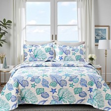 3 Piece Coastal Beach Quilt Set Full/Queen Size Ocean Theme Bedding Set Blue