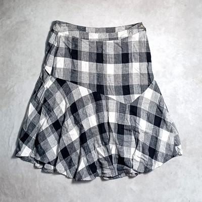 Y2K Grunge kariert ausgestellter Rock Damen Größe 14 Midi schwarz weiß Leinen kariert Alt AC