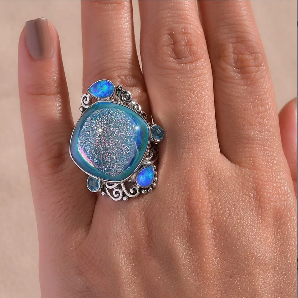 Anillo Sajen Golden Dream Paraiba Ventana Drusy Cuarzo y Multi Piedras Preciosas Talla 6 Plata Foto 3 de 4