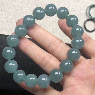 Ice Blue Green Vein Bracelet 12mm Beads Deep Blue Water Pattern Jewelry