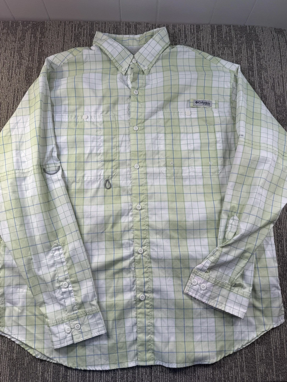 Columbia PFG Shirt Mens 2XL Green Plaid Long Sleeve Vented Fishing Outdoor