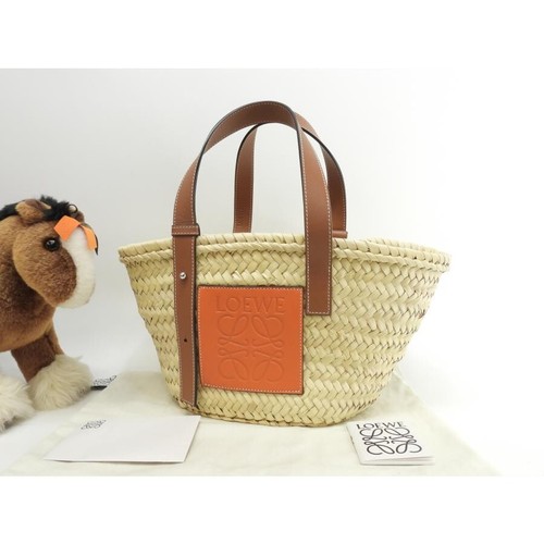 LOEWE Basket Small Tote Bag Palm Calf Leather Natural Orange Tan Auth