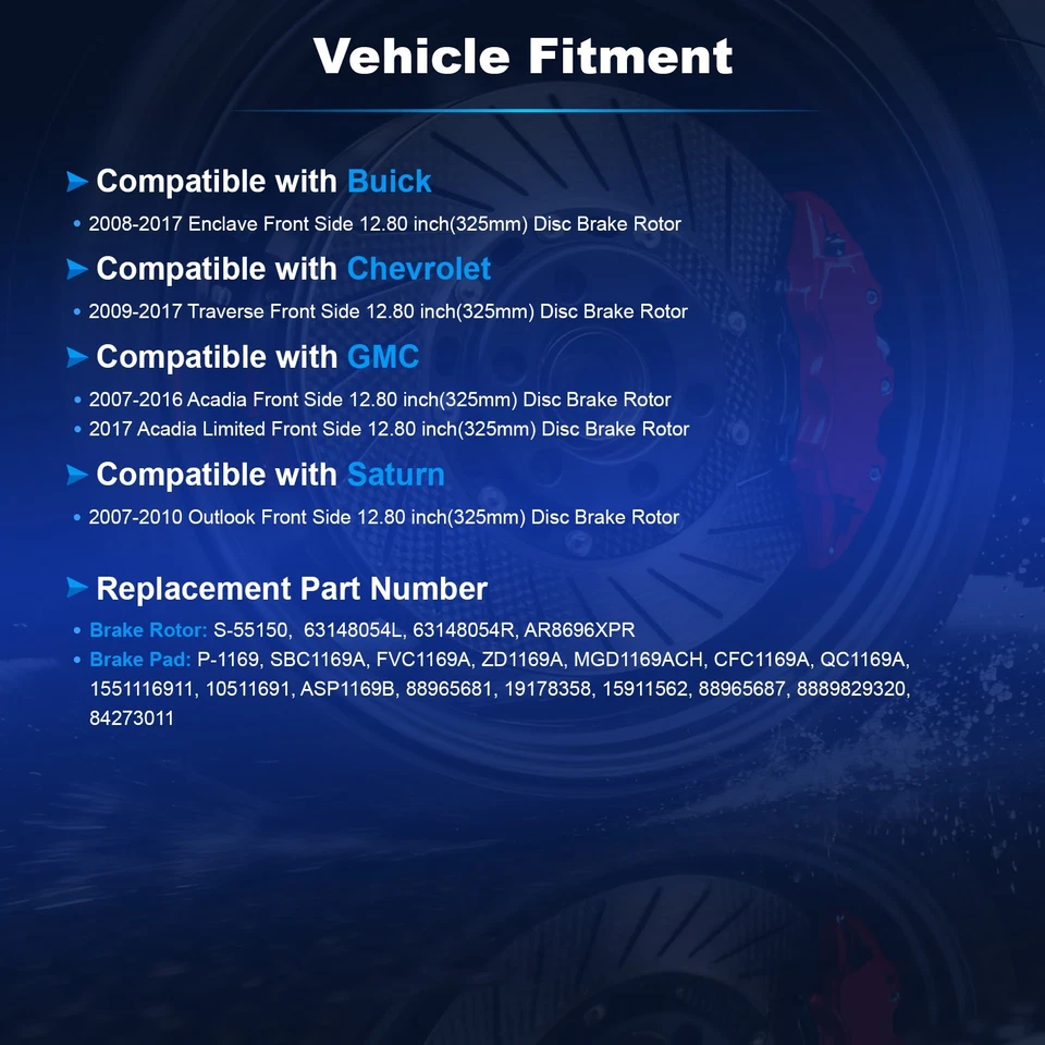 Front Brake Rotor & Brake Pad for 2007-2016 2017 GMC Acadia Chevy Traverse Buick — 第 2/4 张图片