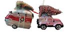 <!--F#f_0-->Pink Station Wagon & Camper Blown Glass Christmas Ornaments Bottle Brush Tree<!--F/-->