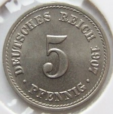 Pièce de Monnaie Reich Allemand Empire 5 Pfennig 1907 A En Uncirculated
