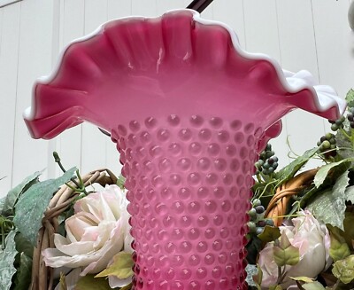 RARE Fenton***WILD ROSE OVERLAY HOBNAIL LG. 11” VASE