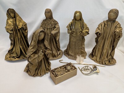 Vtg 6 Piece Primitive Gold Paper Mache Creche Faceless Nativity Scene 13'' Set