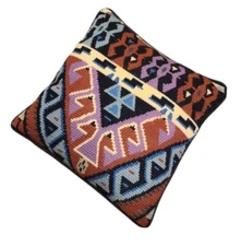 Vintage Hand Stitched  Needlepoint Southwest Design  Pillow 13"x13" Boho, Décor 