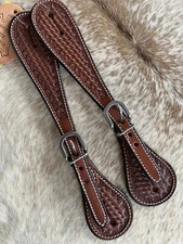Pair Adult Size Basketweave Tooled Leather Western Spur Straps FREE Shipping