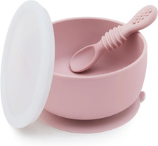 Silicone Baby Bowl and Spoon Set with Suction and Lid, First Stage Self Feedi...