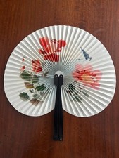 Vintage Chinese Paper Folding Hand Fans Metal Handle Floral and Bird Design