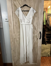 Baltic Born Katya Ruffle White Chiffon Maxi Dress V-Neck Flutter Sleeve Size L