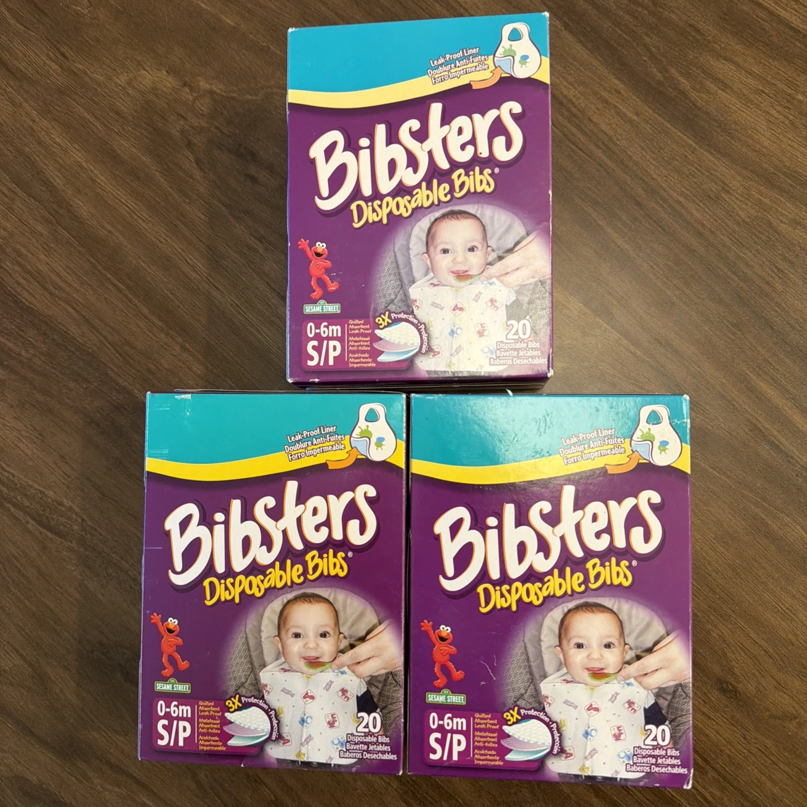 3 Boxes of 20 Bibsters 60 Total Disposable Bibs 0-6 mos S/P Sesame Street NEW