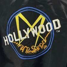 VTG Streetwear Hollywood Bomber Jacket Retro Black Satin 90s Varsity Embroidered