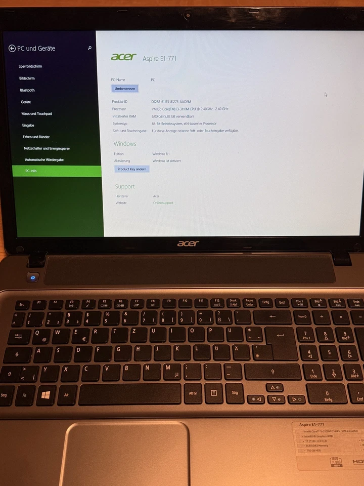 Acer Aspire E1 771, i3,  2,40 GHz, 6 GB Ram, 750 GB HDD, BT, HDMi,  Win 8.1 - Bild 2 von 4