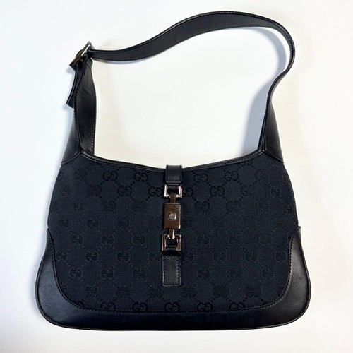 Gucci Jackie GG Canvas Black Leather Handbag Authentic