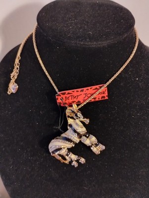 Betsey Johnson Zebra Black & White Enamel Clear Rhinestones Necklace New W/Tags 